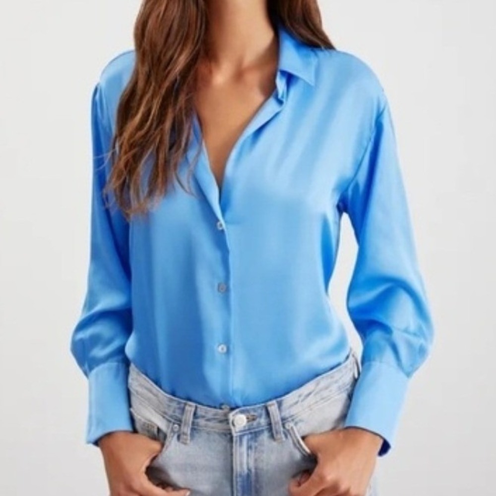 Zara Womens Blue Satin Button Down Shirt Oversized Long Sleeve Blouse Medium